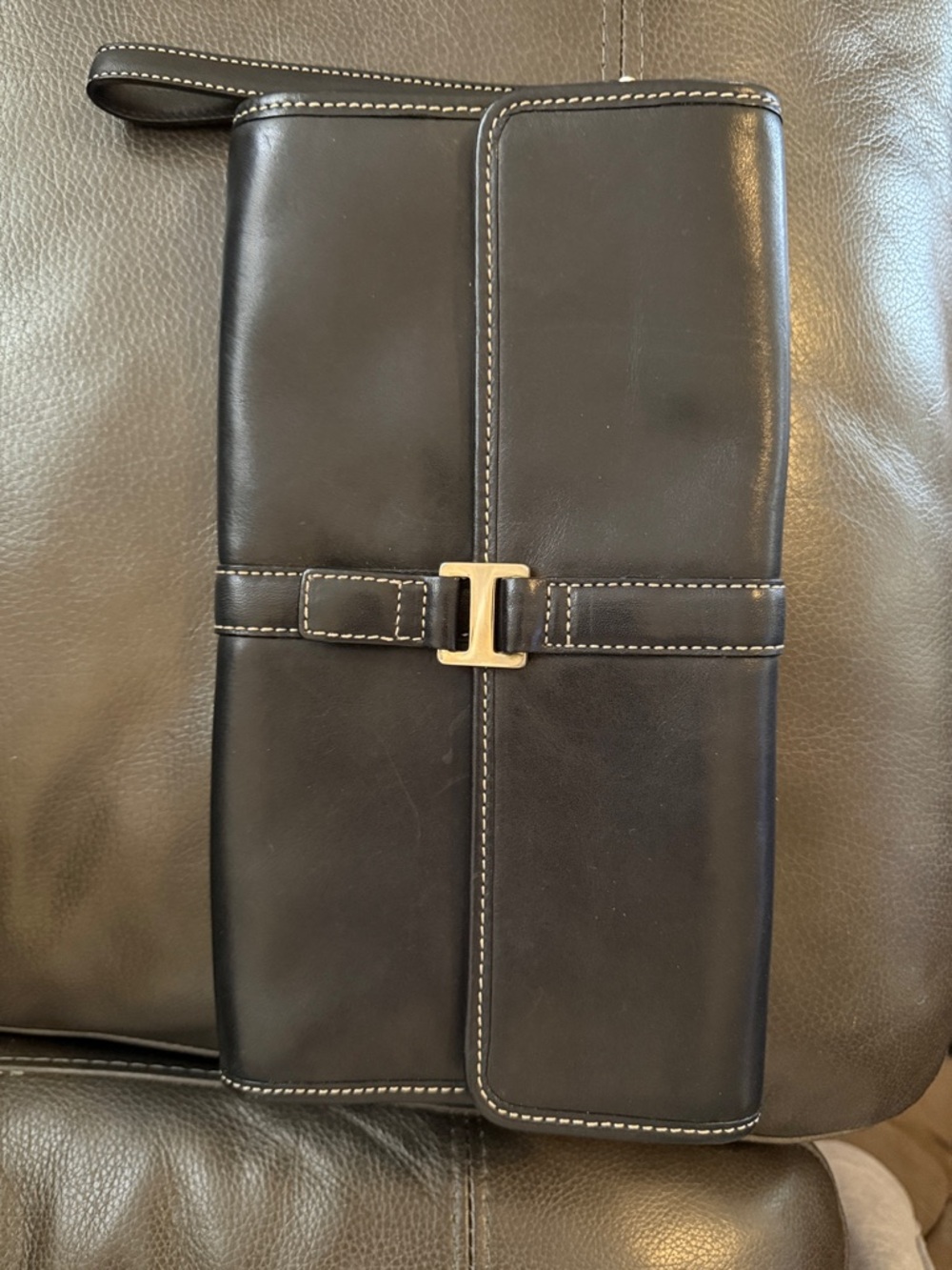 Talbots Black Leather Wristlet Clutch with Silver-Tone Buckle